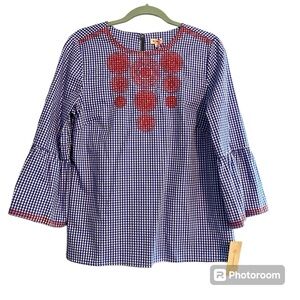 NWT Cremieux Nina Blouse 3/4 Bell Sleeve Blue White Red Embroidered Top Sz M